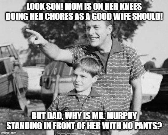 Look Son Meme | LOOK SON! MOM IS ON HER KNEES DOING HER CHORES AS A GOOD WIFE SHOULD! BUT DAD, WHY IS MR. MURPHY STANDING IN FRONT OF HER WITH NO PANTS? | image tagged in memes,look son | made w/ Imgflip meme maker