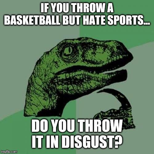 Philosoraptor Meme | IF YOU THROW A BASKETBALL BUT HATE SPORTS... DO YOU THROW IT IN DISGUST? | image tagged in memes,philosoraptor | made w/ Imgflip meme maker