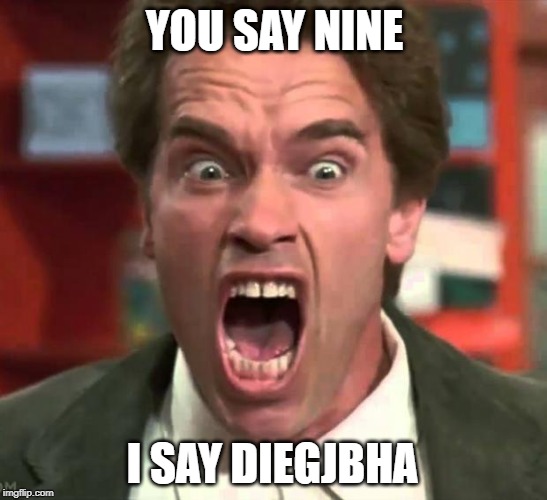 Arnold yelling | YOU SAY NINE; I SAY DIEGJBHA | image tagged in arnold yelling | made w/ Imgflip meme maker