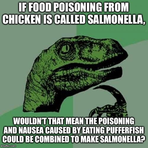 Philosoraptor Meme | IF FOOD POISONING FROM CHICKEN IS CALLED SALMONELLA, WOULDN’T THAT MEAN THE POISONING AND NAUSEA CAUSED BY EATING PUFFERFISH COULD BE COMBINED TO MAKE SALMONELLA? | image tagged in memes,philosoraptor | made w/ Imgflip meme maker