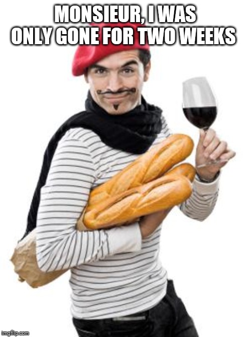 scumbag french | MONSIEUR, I WAS ONLY GONE FOR TWO WEEKS | image tagged in scumbag french | made w/ Imgflip meme maker