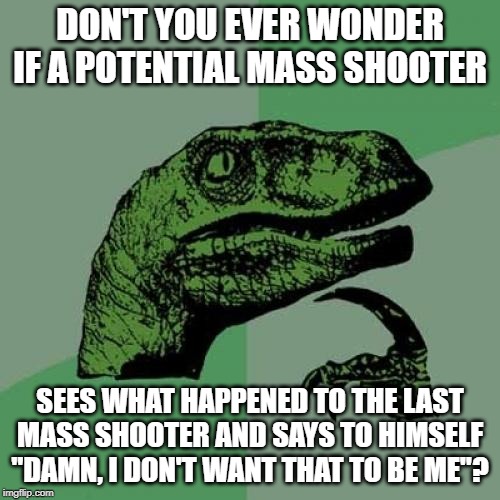 You'd Think They Would.... | DON'T YOU EVER WONDER IF A POTENTIAL MASS SHOOTER; SEES WHAT HAPPENED TO THE LAST MASS SHOOTER AND SAYS TO HIMSELF "DAMN, I DON'T WANT THAT TO BE ME"? | image tagged in memes,philosoraptor | made w/ Imgflip meme maker