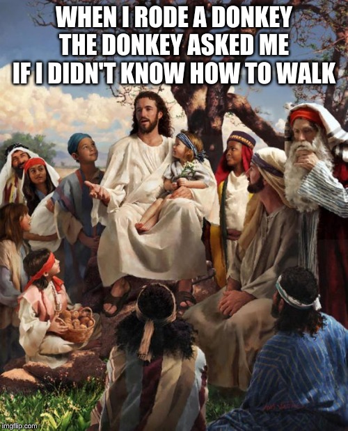 Story Time Jesus | WHEN I RODE A DONKEY

THE DONKEY ASKED ME

IF I DIDN'T KNOW HOW TO WALK | image tagged in story time jesus | made w/ Imgflip meme maker