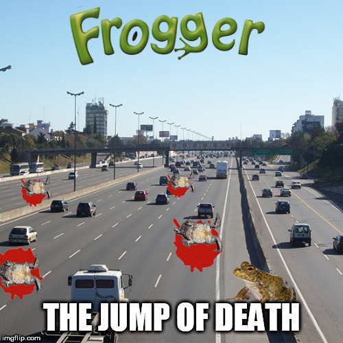 frogger | THE JUMP OF DEATH | image tagged in froggy frogger hippos video game | made w/ Imgflip meme maker