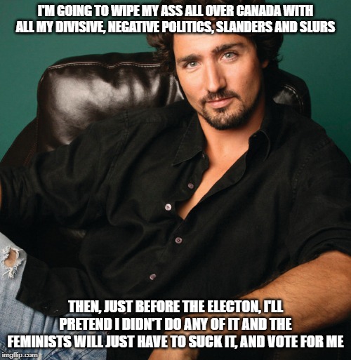 Stephen Harper did it | I'M GOING TO WIPE MY ASS ALL OVER CANADA WITH ALL MY DIVISIVE, NEGATIVE POLITICS, SLANDERS AND SLURS; THEN, JUST BEFORE THE ELECTON, I'LL PRETEND I DIDN'T DO ANY OF IT AND THE FEMINISTS WILL JUST HAVE TO SUCK IT, AND VOTE FOR ME | image tagged in justin trudeau,trudeau,liberal logic,liberal hypocrisy,stupid people,meanwhile in canada | made w/ Imgflip meme maker