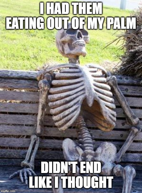 Waiting Skeleton | I HAD THEM EATING OUT OF MY PALM; DIDN'T END LIKE I THOUGHT | image tagged in memes,waiting skeleton | made w/ Imgflip meme maker