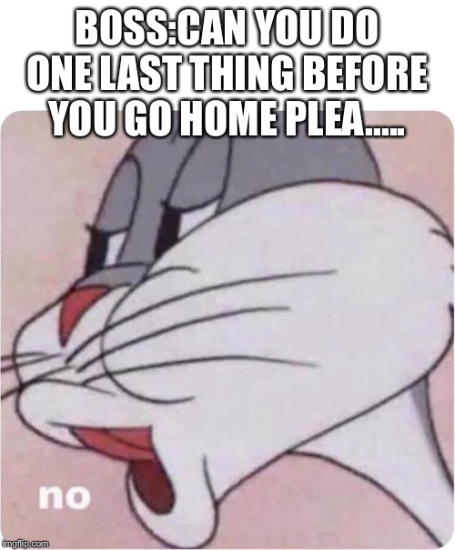 Bugs Bunny No | BOSS:CAN YOU DO ONE LAST THING BEFORE YOU GO HOME PLEA..... | image tagged in bugs bunny no | made w/ Imgflip meme maker