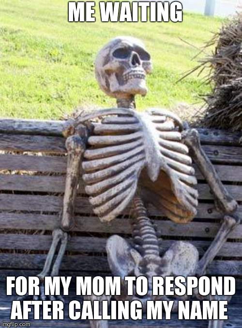 Waiting Skeleton | ME WAITING; FOR MY MOM TO RESPOND AFTER CALLING MY NAME | image tagged in memes,waiting skeleton | made w/ Imgflip meme maker