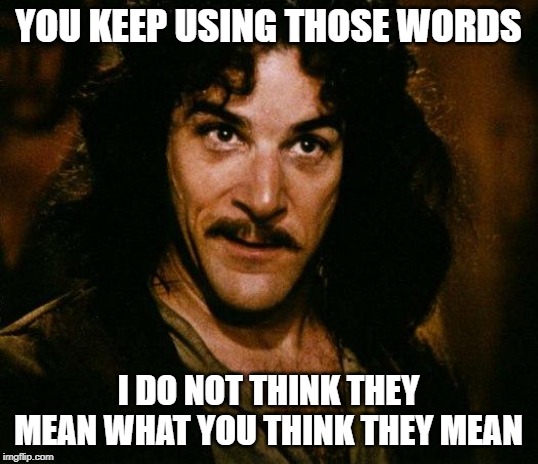 Inigo Montoya Meme | YOU KEEP USING THOSE WORDS; I DO NOT THINK THEY MEAN WHAT YOU THINK THEY MEAN | image tagged in memes,inigo montoya | made w/ Imgflip meme maker
