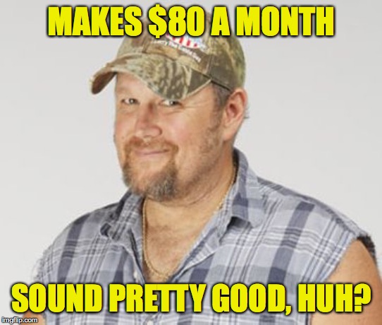 Larry The Cable Guy Meme | MAKES $80 A MONTH SOUND PRETTY GOOD, HUH? | image tagged in memes,larry the cable guy | made w/ Imgflip meme maker