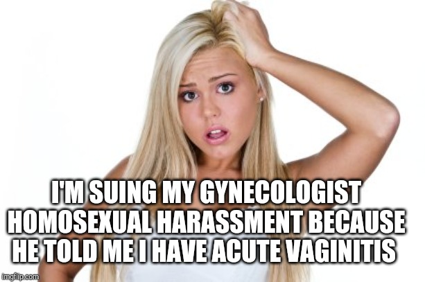 Dumb Blonde | I'M SUING MY GYNECOLOGIST HOMOSEXUAL HARASSMENT BECAUSE HE TOLD ME I HAVE ACUTE VAGINITIS | image tagged in dumb blonde | made w/ Imgflip meme maker