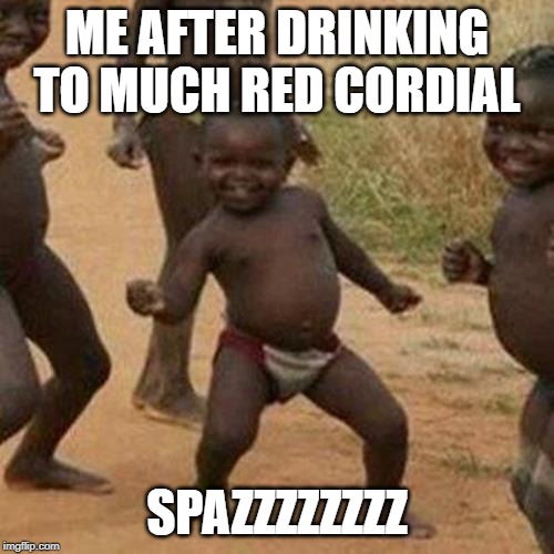 Spaz me | ME AFTER DRINKING TO MUCH RED CORDIAL; SPAZZZZZZZZ | image tagged in memes,third world success kid | made w/ Imgflip meme maker