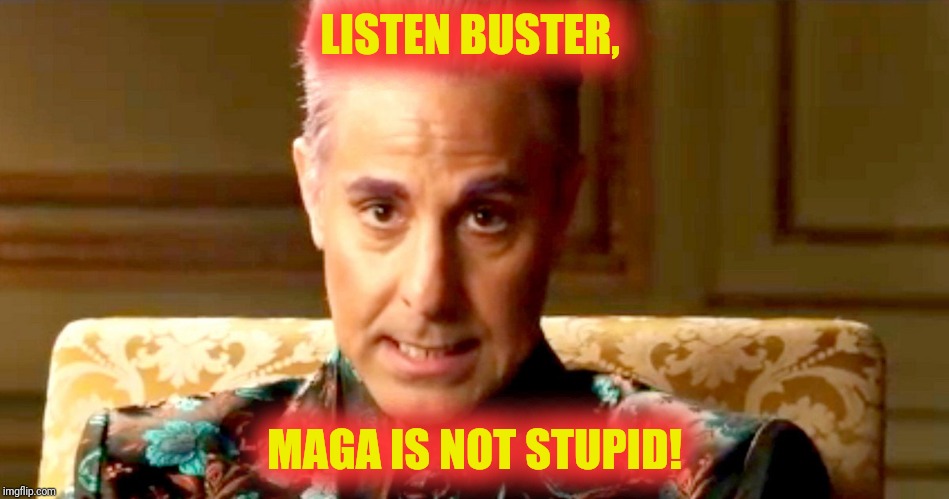 Hunger Games - Caesar Flickerman/Stanley Tucci "The fact is" | LISTEN BUSTER, MAGA IS NOT STUPID! | image tagged in hunger games - caesar flickerman/stanley tucci the fact is | made w/ Imgflip meme maker
