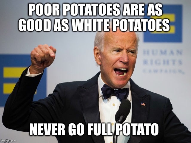 Potato head joe | POOR POTATOES ARE AS GOOD AS WHITE POTATOES; NEVER GO FULL POTATO | image tagged in creepy joe biden | made w/ Imgflip meme maker