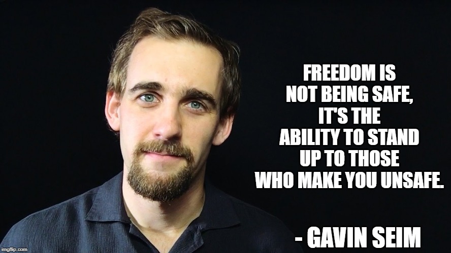 Gavin | FREEDOM IS NOT BEING SAFE, IT'S THE ABILITY TO STAND UP TO THOSE WHO MAKE YOU UNSAFE. - GAVIN SEIM | image tagged in gavin | made w/ Imgflip meme maker