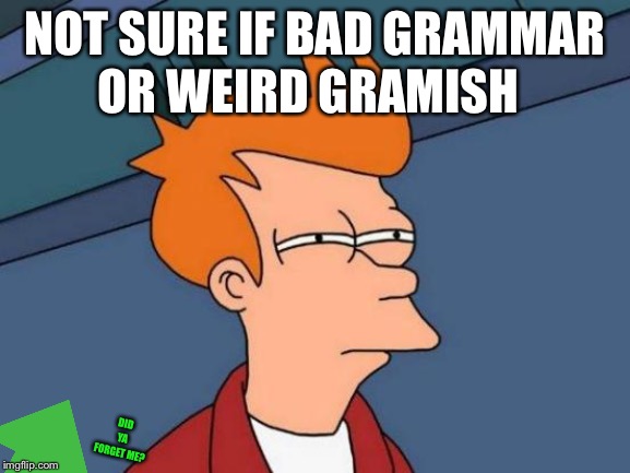 Futurama Fry Meme | NOT SURE IF BAD GRAMMAR OR WEIRD GRAMISH DID YA FORGET ME? | image tagged in memes,futurama fry | made w/ Imgflip meme maker