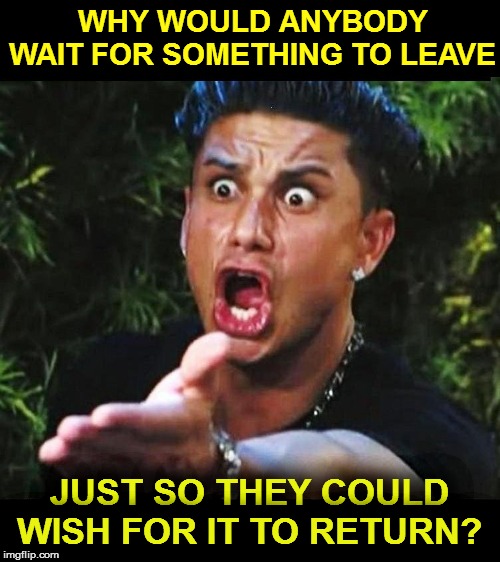 WHY WOULD ANYBODY WAIT FOR SOMETHING TO LEAVE JUST SO THEY COULD WISH FOR IT TO RETURN? | made w/ Imgflip meme maker