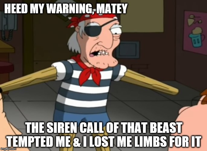 HEED MY WARNING, MATEY THE SIREN CALL OF THAT BEAST TEMPTED ME & I LOST ME LIMBS FOR IT | made w/ Imgflip meme maker