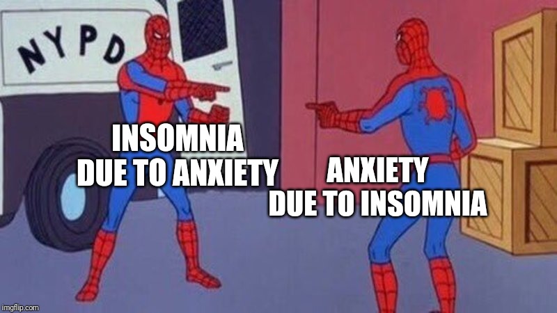 spiderman pointing at spiderman | ANXIETY DUE TO INSOMNIA; INSOMNIA DUE TO ANXIETY | image tagged in spiderman pointing at spiderman | made w/ Imgflip meme maker