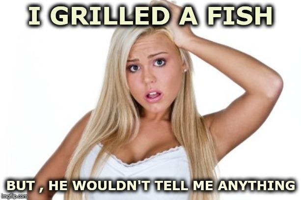 "Watchin' the Detectives , don't get cute" - Elvis Costello | I GRILLED A FISH; BUT , HE WOULDN'T TELL ME ANYTHING | image tagged in dumb blonde,angry chef,cooking,you're doing it wrong,questions,silence | made w/ Imgflip meme maker