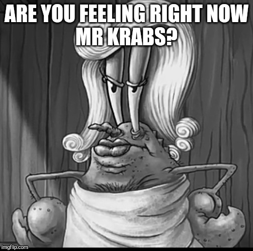 Mr Krabs Dress Up Female | ARE YOU FEELING RIGHT NOW
MR KRABS? | image tagged in spongebob,memes | made w/ Imgflip meme maker