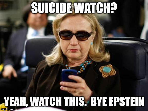 you know it's true | SUICIDE WATCH? YEAH, WATCH THIS.  BYE EPSTEIN | image tagged in memes,hillary clinton cellphone,epstein | made w/ Imgflip meme maker