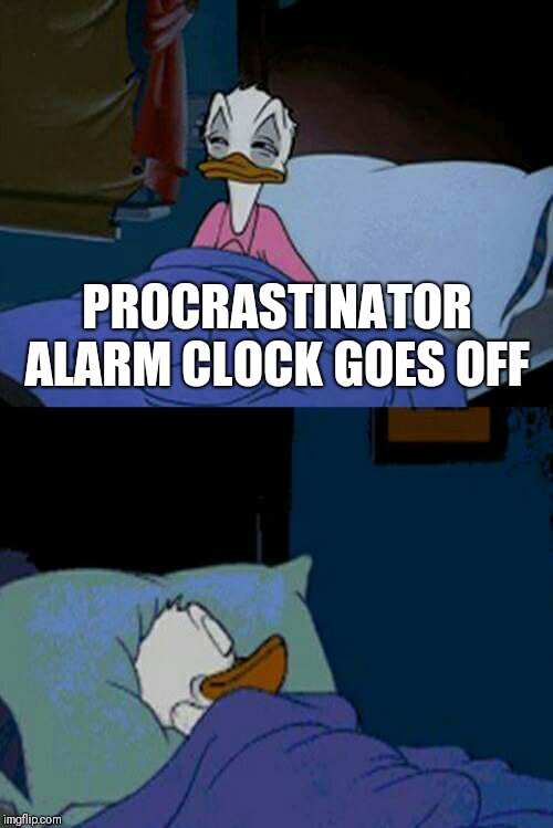 sleepy donald duck in bed | PROCRASTINATOR ALARM CLOCK GOES OFF | image tagged in sleepy donald duck in bed | made w/ Imgflip meme maker