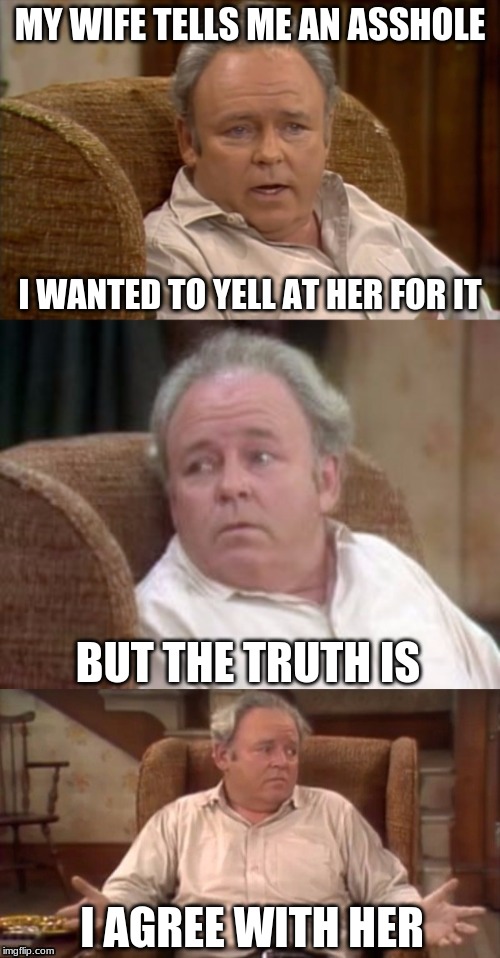 When Couples Are Honest With Each Other Part 1 | MY WIFE TELLS ME AN ASSHOLE; I WANTED TO YELL AT HER FOR IT; BUT THE TRUTH IS; I AGREE WITH HER | image tagged in bad pun archie bunker | made w/ Imgflip meme maker
