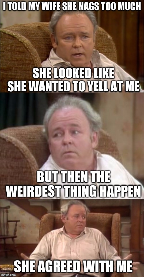 When Couples Are Honest With Each Other Part 2 | I TOLD MY WIFE SHE NAGS TOO MUCH; SHE LOOKED LIKE SHE WANTED TO YELL AT ME; BUT THEN THE WEIRDEST THING HAPPEN; SHE AGREED WITH ME | image tagged in bad pun archie bunker | made w/ Imgflip meme maker
