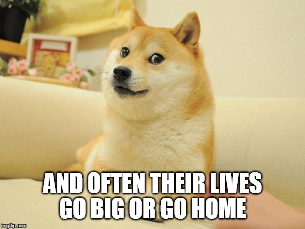 Doge 2 Meme | AND OFTEN THEIR LIVES
GO BIG OR GO HOME | image tagged in memes,doge 2 | made w/ Imgflip meme maker
