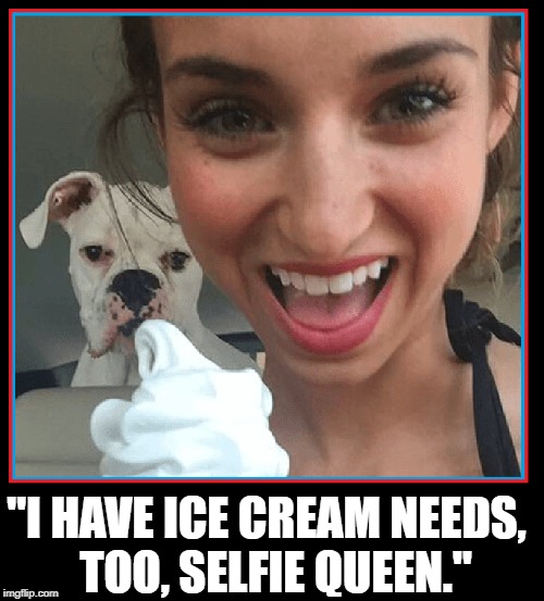 Dogs Like Ice Cream in when it's hot, too! | "I HAVE ICE CREAM NEEDS,     TOO, SELFIE QUEEN." | image tagged in vince vance,photo bomb,dogs,ice cream,selfies,dog memes | made w/ Imgflip meme maker