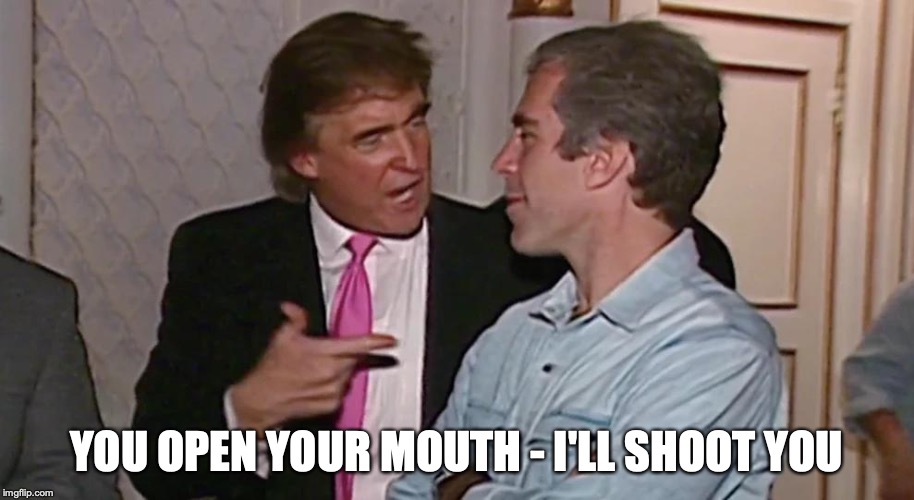 YOU OPEN YOUR MOUTH - I'LL SHOOT YOU | image tagged in donald trump,jeffrey epstein | made w/ Imgflip meme maker