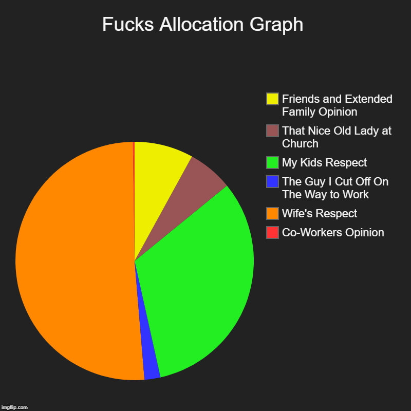Office Charts: FAG Graph | F**ks Allocation Graph | Co-Workers Opinion, Wife's Respect, The Guy I Cut Off On The Way to Work, My Kids Respect, That Nice Old Lady at Ch | image tagged in pie charts,no fucks to give,no fucks given,office humor,happy house wife,workplace | made w/ Imgflip chart maker