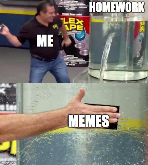 Flex Tape | HOMEWORK; ME; MEMES | image tagged in flex tape | made w/ Imgflip meme maker