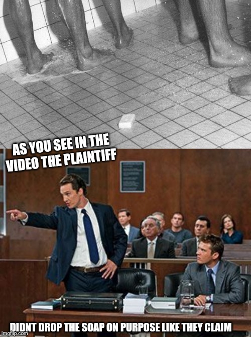 AS YOU SEE IN THE VIDEO THE PLAINTIFF; DIDNT DROP THE SOAP ON PURPOSE LIKE THEY CLAIM | image tagged in lawyer,soap drop challenge | made w/ Imgflip meme maker