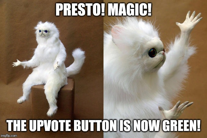 Persian Cat Room Guardian Meme | PRESTO! MAGIC! THE UPVOTE BUTTON IS NOW GREEN! | image tagged in memes,persian cat room guardian | made w/ Imgflip meme maker