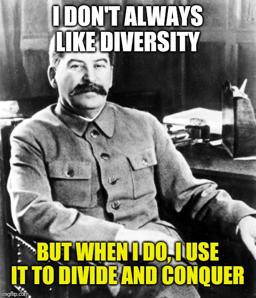 Most interesting man in the soviet union | I DON'T ALWAYS LIKE DIVERSITY; BUT WHEN I DO, I USE IT TO DIVIDE AND CONQUER | image tagged in most interesting man in the soviet union | made w/ Imgflip meme maker