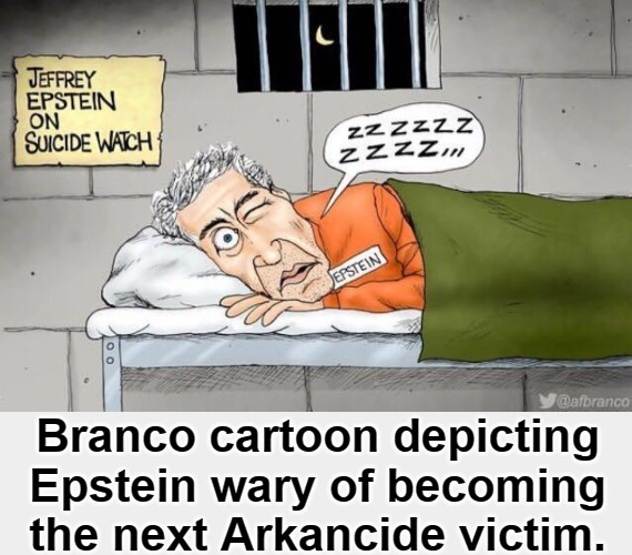 Jeffrey Epstein on Arkancide Watch | image tagged in branco cartoon,arkancide,crooked hillary,jeffrey epstein,pedophile,sexual predator | made w/ Imgflip meme maker