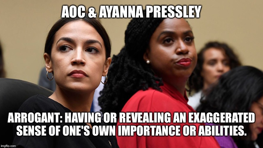 AOC & AYANNA PRESSLEY; ARROGANT: HAVING OR REVEALING AN EXAGGERATED SENSE OF ONE'S OWN IMPORTANCE OR ABILITIES. | image tagged in disaster girl | made w/ Imgflip meme maker