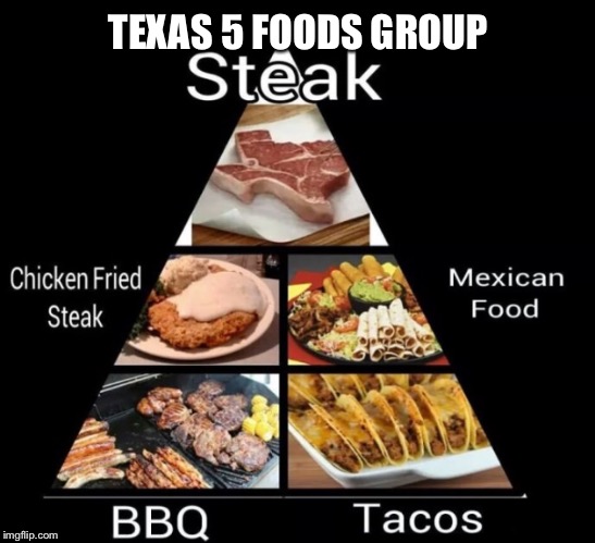 Texas 5 foods group | TEXAS 5 FOODS GROUP | image tagged in texas 5 foods group | made w/ Imgflip meme maker