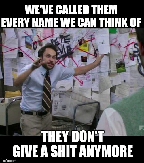 Trying to explain | WE'VE CALLED THEM EVERY NAME WE CAN THINK OF; THEY DON'T GIVE A SHIT ANYMORE | image tagged in trying to explain | made w/ Imgflip meme maker