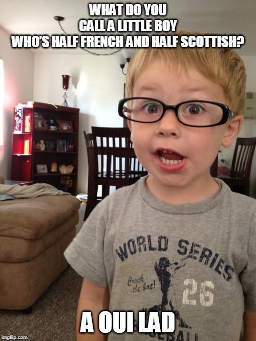 Smart Kid | WHAT DO YOU CALL A LITTLE BOY WHO’S HALF FRENCH AND HALF SCOTTISH? A OUI LAD | image tagged in smart kid | made w/ Imgflip meme maker