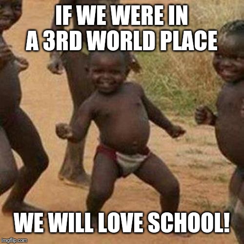 Third World Success Kid | IF WE WERE IN A 3RD WORLD PLACE; WE WILL LOVE SCHOOL! | image tagged in memes,third world success kid | made w/ Imgflip meme maker
