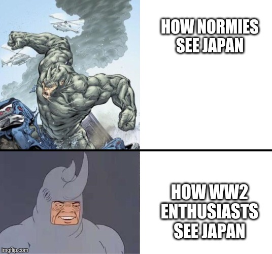 60's Rhino | HOW NORMIES SEE JAPAN; HOW WW2 ENTHUSIASTS SEE JAPAN | image tagged in 60's rhino | made w/ Imgflip meme maker