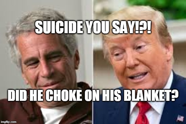 SUICIDE YOU SAY!?! DID HE CHOKE ON HIS BLANKET? | image tagged in political meme | made w/ Imgflip meme maker