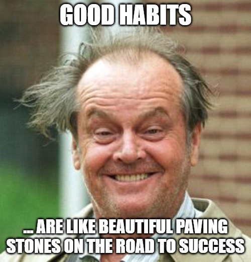 Jack Nicholson Crazy Hair | GOOD HABITS; ... ARE LIKE BEAUTIFUL PAVING STONES ON THE ROAD TO SUCCESS | image tagged in jack nicholson crazy hair | made w/ Imgflip meme maker