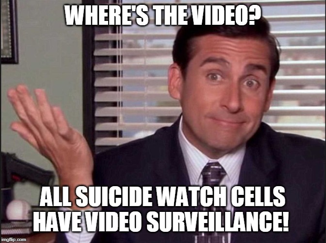 Michael Scott | WHERE'S THE VIDEO? ALL SUICIDE WATCH CELLS HAVE VIDEO SURVEILLANCE! | image tagged in michael scott | made w/ Imgflip meme maker