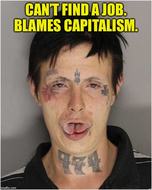 CAN’T FIND A JOB. BLAMES CAPITALISM. | image tagged in capitalism,because capitalism,socialism,democratic socialism,communist socialist | made w/ Imgflip meme maker