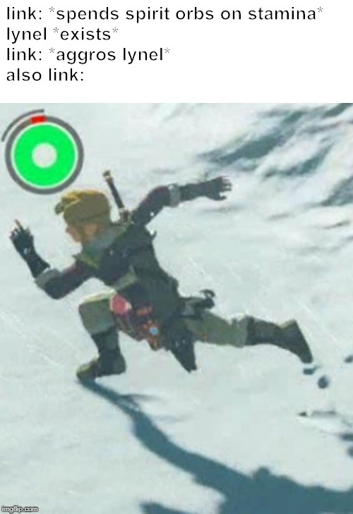 link: *spends spirit orbs on stamina*
lynel *exists*
link: *aggros lynel*
also link: | image tagged in link | made w/ Imgflip meme maker