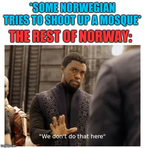 Just heard about it. Thankfully no dead. Shooter was tackled by a Mosque goer before he could really kill anyone. | *SOME NORWEGIAN TRIES TO SHOOT UP A MOSQUE*; THE REST OF NORWAY: | image tagged in we don't do that here,norway,politicstoo | made w/ Imgflip meme maker